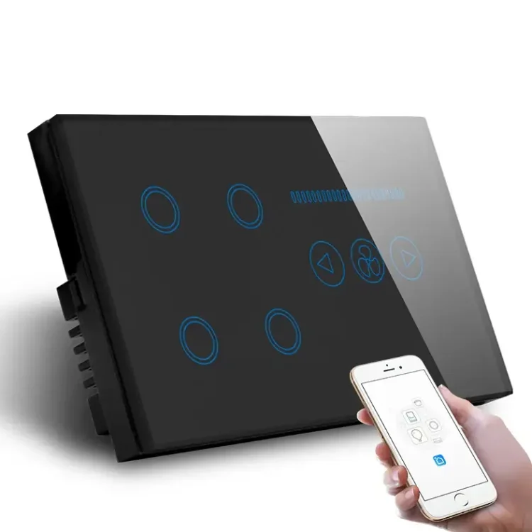 WiFi 4-Gang Smart Touch Screen Glass Panel Wall Switch with Fan Speed Control Black - ছবি 2