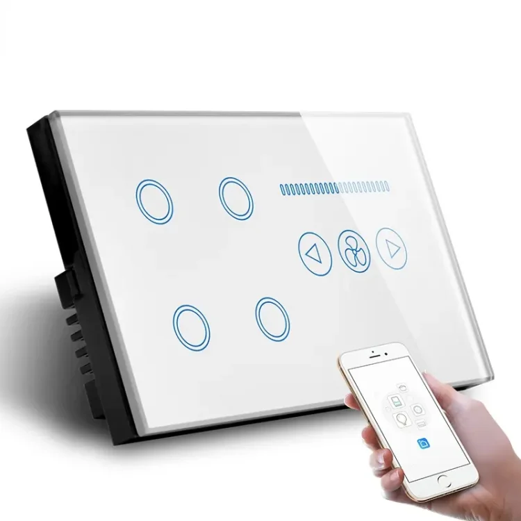 WiFi 4-Gang Smart Touch Screen Glass Panel Wall Switch with Fan Speed Control White - ছবি 2