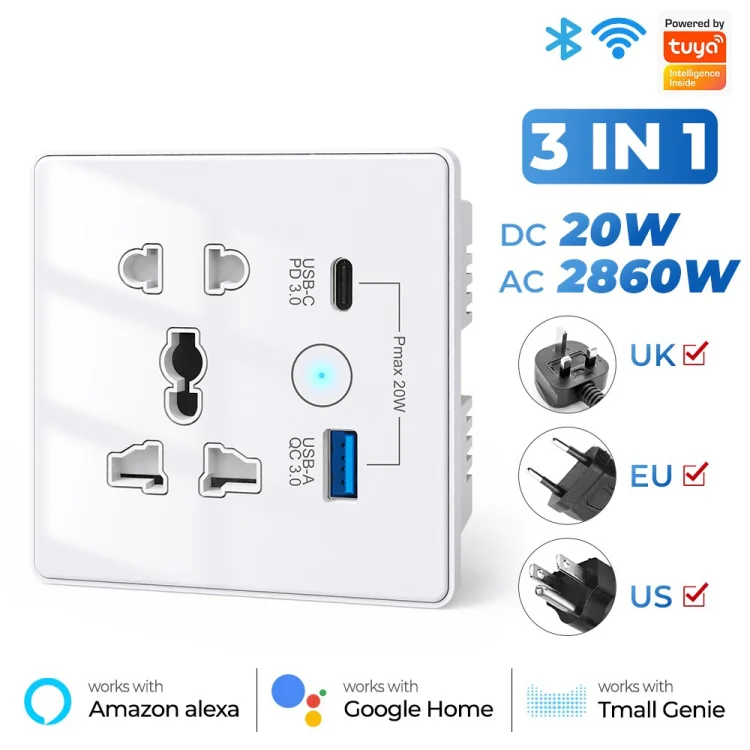 Wifi Type C and USB 5 pin Socket 13A Round Corner White