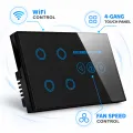 WiFi 4-Gang Smart Touch Screen Glass Panel Wall Switch with Fan Speed Control Black thumbnail 1