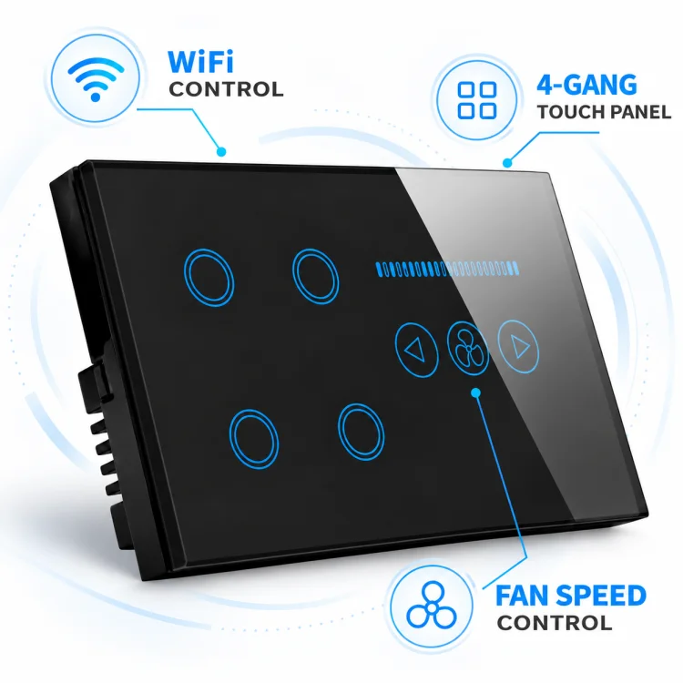 WiFi 4-Gang Smart Touch Screen Glass Panel Wall Switch with Fan Speed Control Black