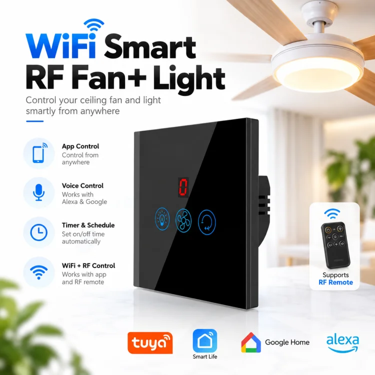 Wifi Smart Fan and Light Switch RF Black