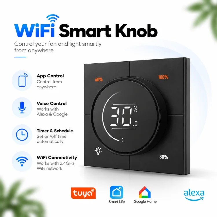 Premium Knob WiFi Smart Fan & Light Switch– Manual Control, Alexa & Google Compatible